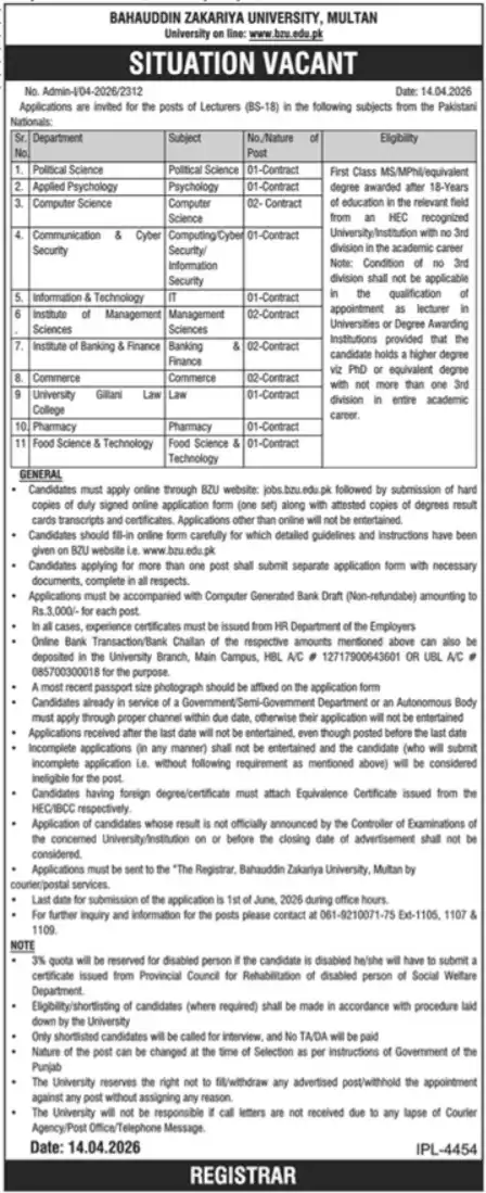 BZU Multan Lecturer Jobs 2026 Announced for Multiple Departments 23 BZU Multan Lecturer Jobs 2026 Announced for Multiple Departments
