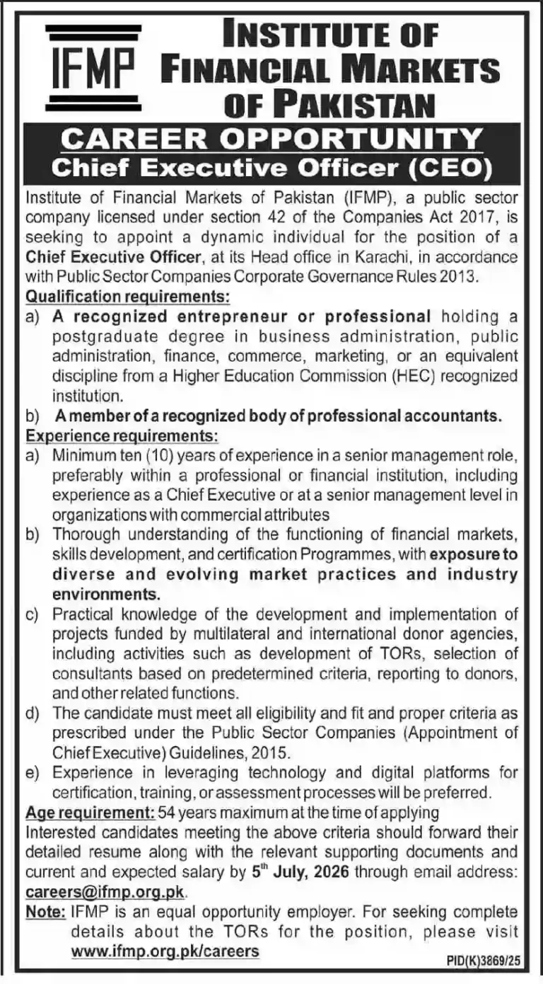 IFMP CEO Jobs 2026 – New Executive Career Opportunity in Karachi 2 IFMP CEO Jobs 2026 – New Executive Career Opportunity in Karachi