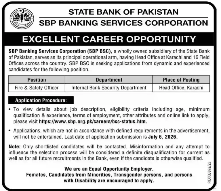 SBP Banking Services Corporation Jobs 2026 – Fire & Safety Officer Vacancy Announced 3 SBP Banking Services Corporation Jobs 2026 – Fire & Safety Officer Vacancy Announced